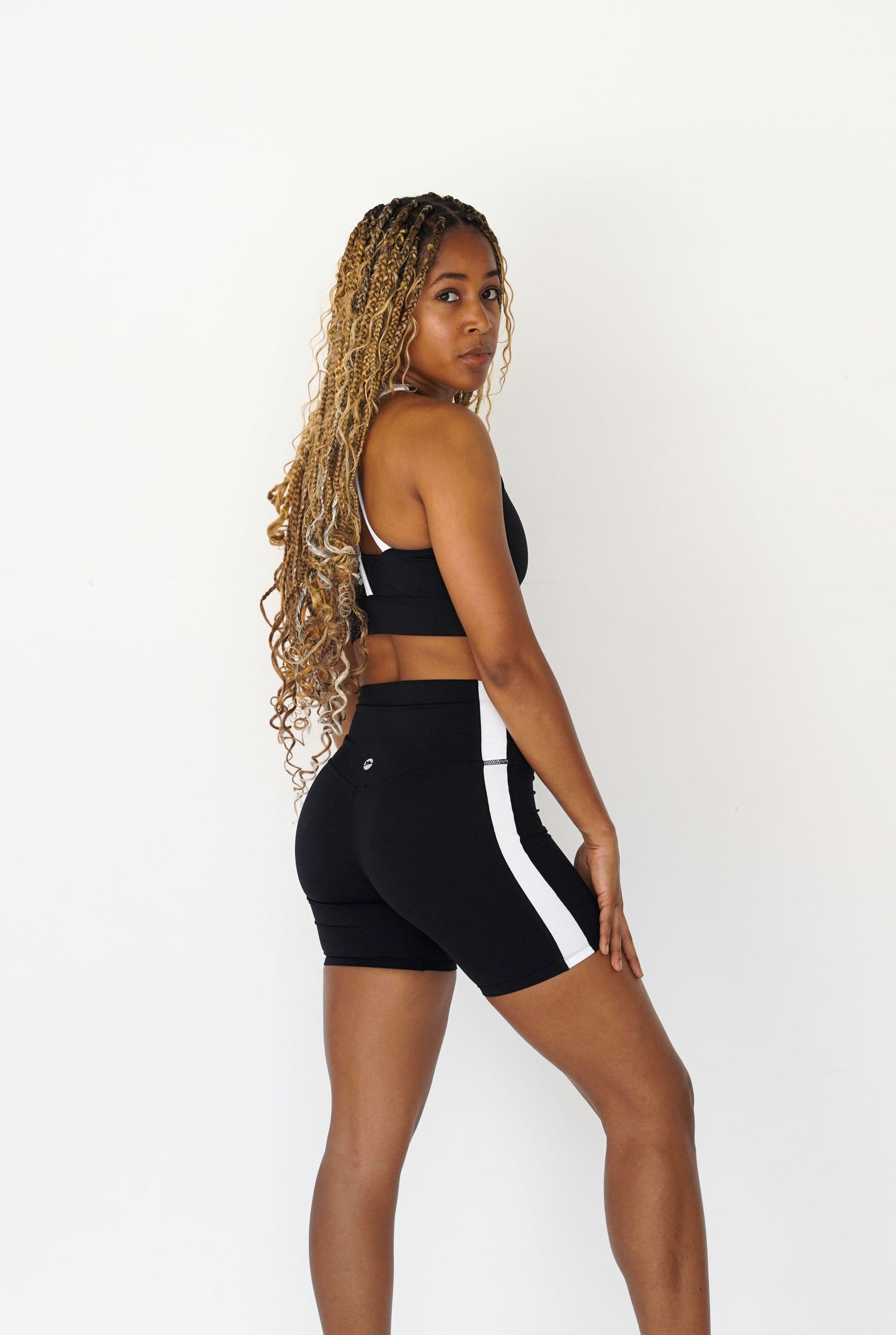 Power High-Waist Biker Shorts with Stripes, Black/White